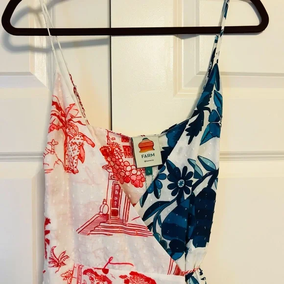 NWT FARM Rio One Red and Blue Dress wrap midi dress size L - Picture 2 of 7